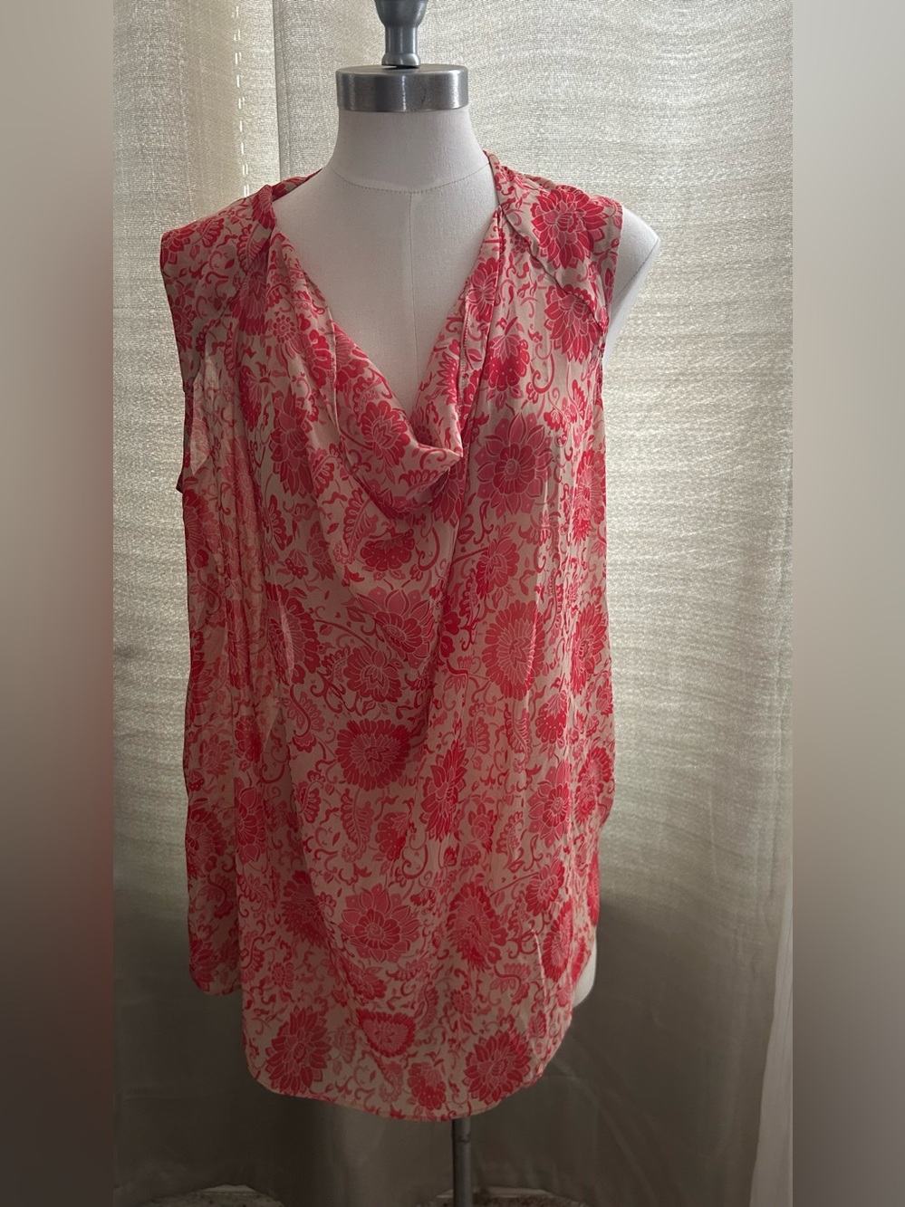 CAbi Vita blouse /pink and beige floral pattern featuring a cowl neckline XL